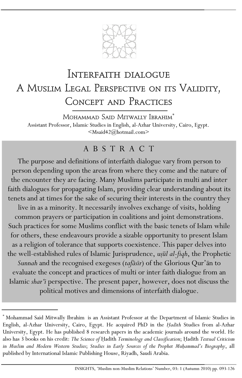 Interfaith Dialogue: A Muslim Legal Perspective on its Validity, Concept and Practices